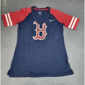 Nike Boston Red‎ Sox Baseball Shirt Womens Large Blue Lightweight V Neck MLB
